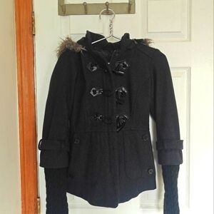 GUESS Charcoal Pea Coat with Faux Fur Hood